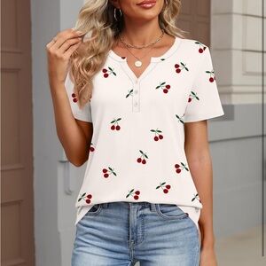 Cherry Print White Henley Top
